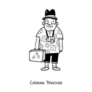 Coloring page of a cartoon of a tourist with a flowered shirt, camera, and suitcase