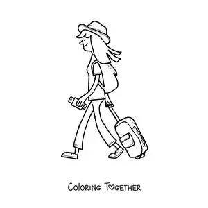 Coloring page of a girl traveling walking with her luggage