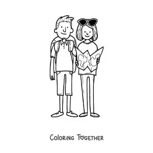 Coloring page of a couple of backpackers reading a map