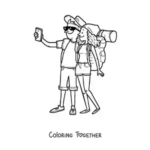 Coloring page of a couple of backpackers taking a selfie