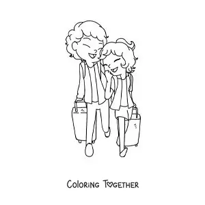 Coloring page of a cute couple traveling with suitcases