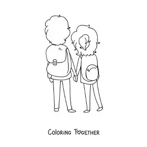 Coloring page of a couple of backpackers seen from behind