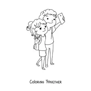 Coloring page of a cute couple of backpackers taking a selfie
