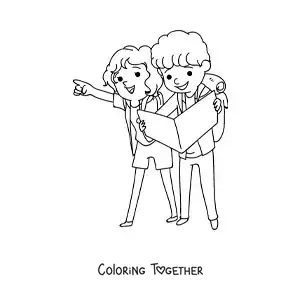 Coloring page of a cute couple of backpackers reading a map