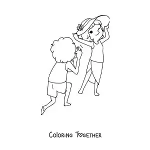 Coloring page of a kawaii couple of tourists taking photos at the beach