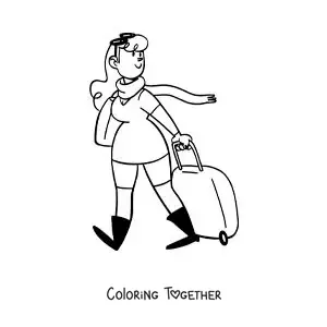 Coloring page of a cartoon of a woman traveling with a suitcase and a scarf