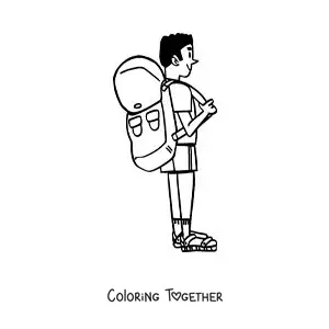 Coloring page of a cartoon of a backpacker