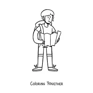 Coloring page of a cartoon of a backpacker reading a map