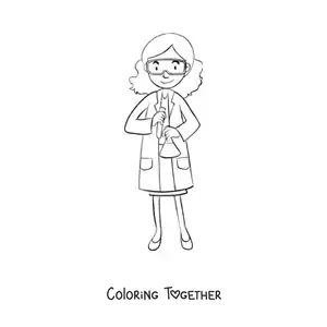 Coloring page of a woman scientist holding an experiment