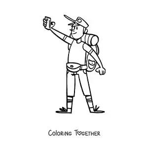 Coloring page of a cartoon of a backpacker taking a selfie
