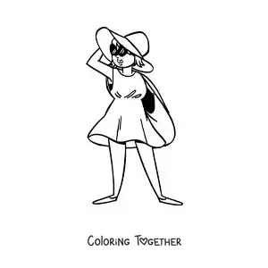 Coloring page of a cartoon of a tourist girl on the beach with sunglasses