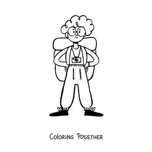 Coloring page of a cartoon of a backpacker girl