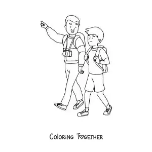 Coloring page of a tourist dad walking with his son