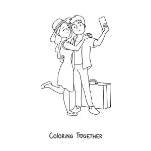 Coloring page of a couple of tourists taking a selfie