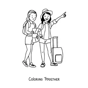 Coloring page of two tourist girls with luggage and a map