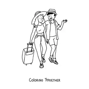 Coloring page of a couple of tourists walking with their luggage