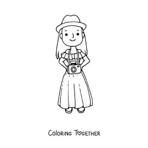 Coloring page of a tourist with her camera and a hat