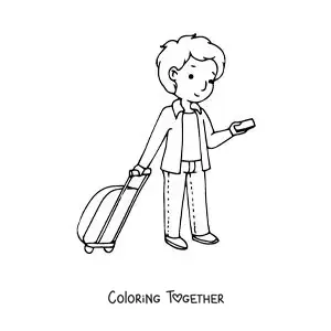 Coloring page of a boy with a suitcase looking at his phone