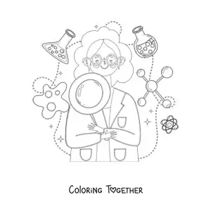 Coloring page of a woman scientist surrounded by science instruments