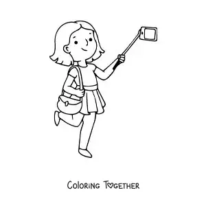 Coloring page of a tourist girl taking a selfie