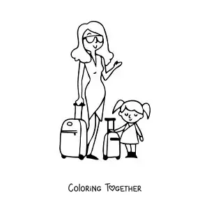 Coloring page of a traveling mother with her daughter