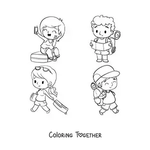 Coloring page of kawaii tourists with their luggage