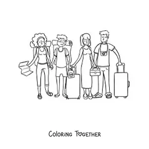 Coloring page of a group of friends on vacation with suitcases