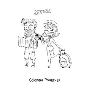 Coloring page of a cartoon of a couple of tourists
