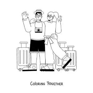 Coloring page of a couple of travelers with their luggage and camera