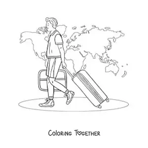 Coloring page of a man traveling the world with his suitcases