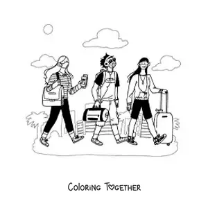 Coloring page of a group of young people with suitcases traveling during the pandemic