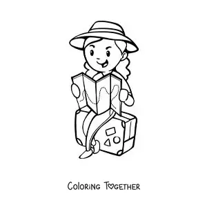Coloring page of a tourist sitting on her suitcase reading a map