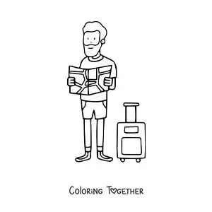 Coloring page of a tourist next to his suitcase reading a map