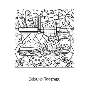 Coloring page of a picnic basket on the beach with a sandwich and a hamburger