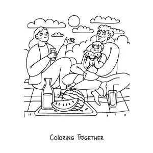 Coloring page of a family with a child having a picnic in the park
