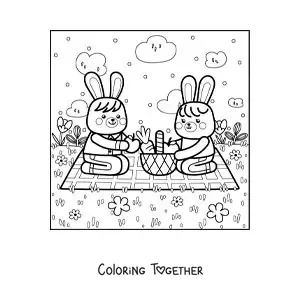 Coloring page of two kawaii cartoon rabbits at a picnic in the park