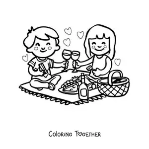 Coloring page of two kawaii cartoon sweethearts at a picnic