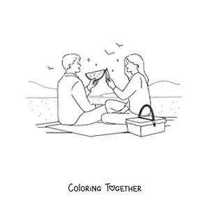 Coloring page of a couple eating watermelon at a picnic