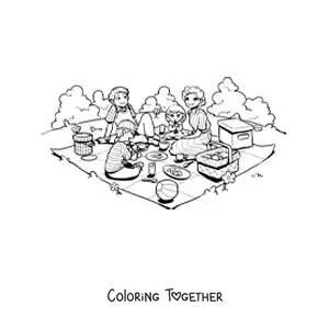 Coloring page of a family with children eating at a picnic in the park