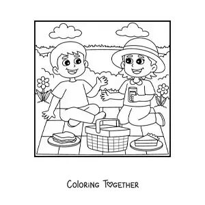 Coloring page of two children at a picnic in the park