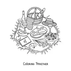 Coloring page of a picnic blanket with bread, cheese, fruits and other foods