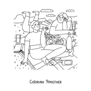 Coloring page of two friends eating pizza at a picnic
