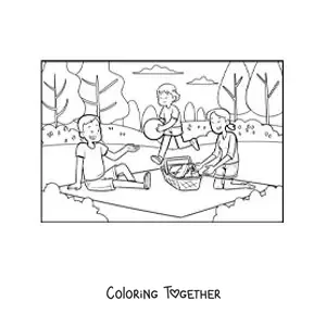Coloring page of a girl and her parents at a picnic in the park