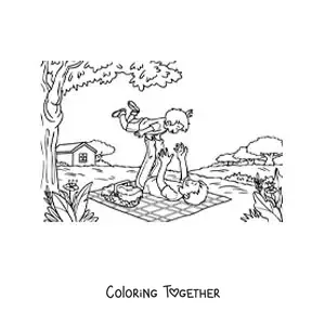 Coloring page of a father lifting his son at a picnic in nature