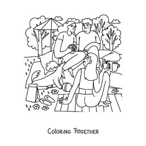 Coloring page of a group of teenage friends at a picnic in the park