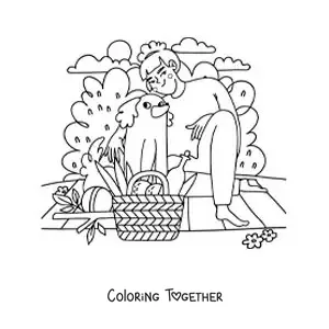 Coloring page of a girl with her dog at a picnic in the park