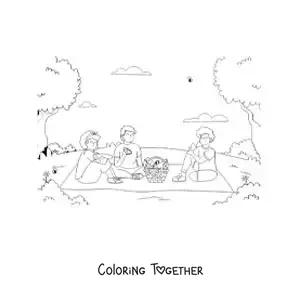 Coloring page of three friends at a picnic in the park
