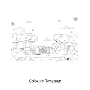 Coloring page of a mother and her daughter lying down at a picnic in the park