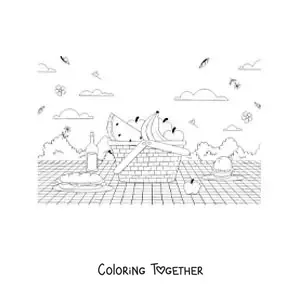 Coloring page of a basket of food on a picnic blanket