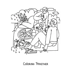 Coloring page of a couple at a picnic eating pizza